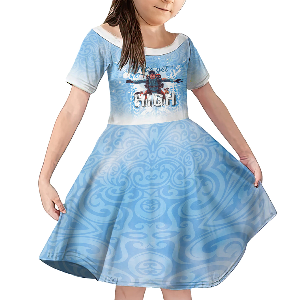 New Zealand Sky Diving Family Matching Short Sleeve Bodycon Dress and Hawaiian Shirt Lets Get High LT05 Daughter's Dress Blue - Polynesian Pride