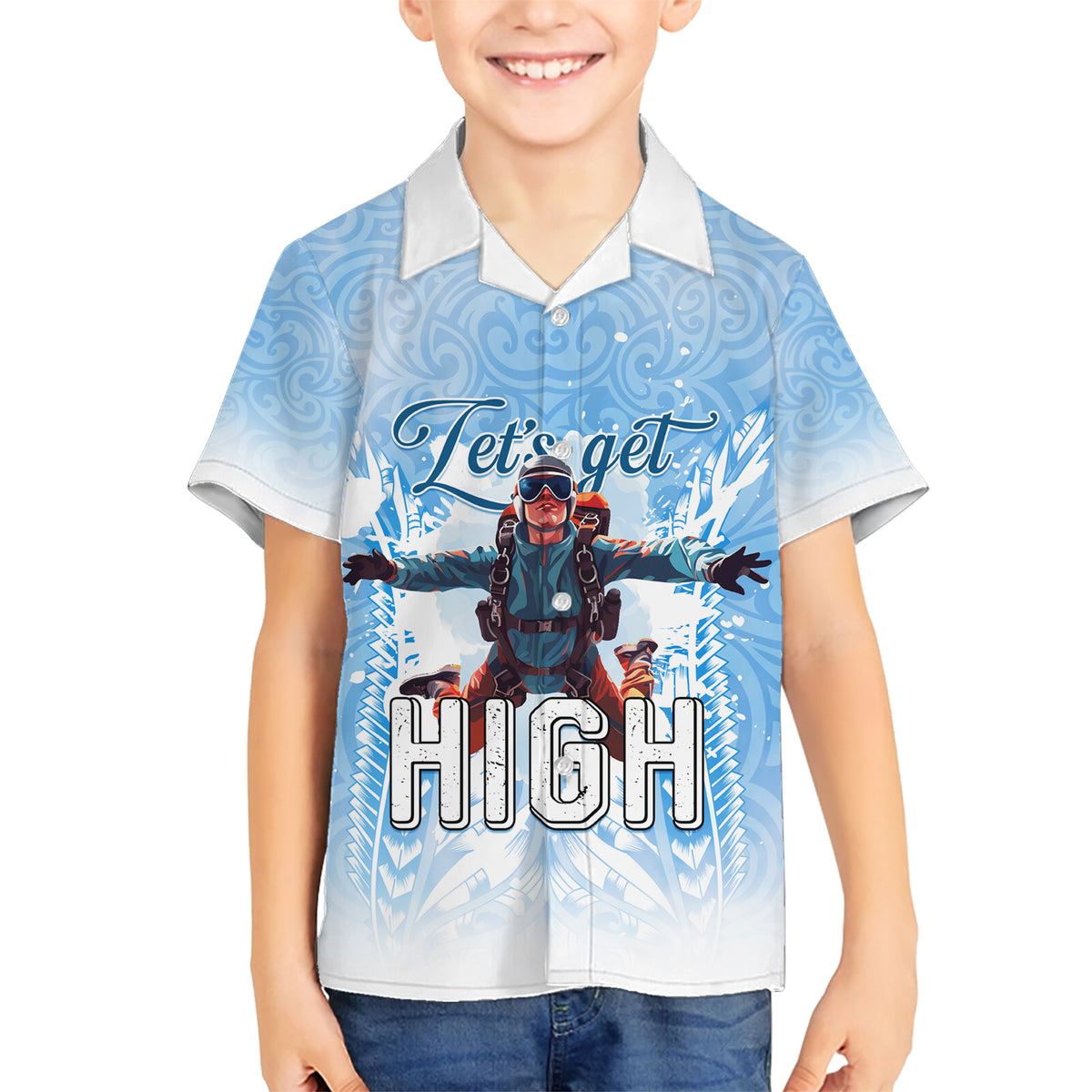 New Zealand Sky Diving Family Matching Short Sleeve Bodycon Dress and Hawaiian Shirt Lets Get High LT05 Son's Shirt Blue - Polynesian Pride