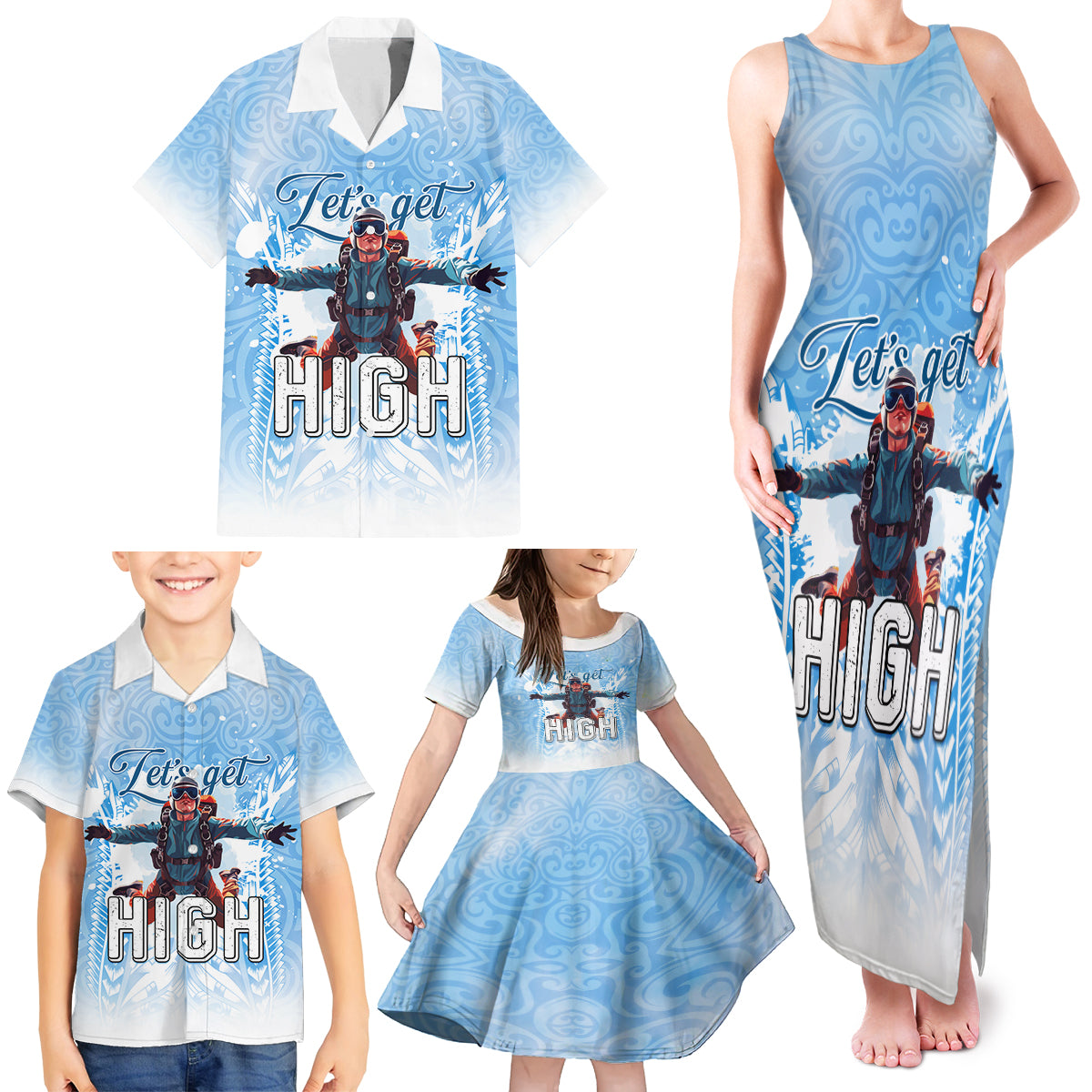 New Zealand Sky Diving Family Matching Tank Maxi Dress and Hawaiian Shirt Lets Get High LT05 - Polynesian Pride
