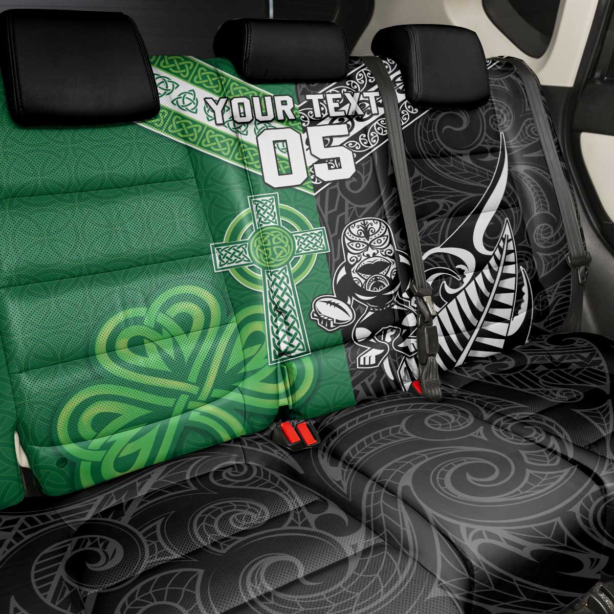 New Zealand And Ireland Rugby Custom Back Car Seat Cover Maori Tiki With Shamrock LT05 - Polynesian Pride