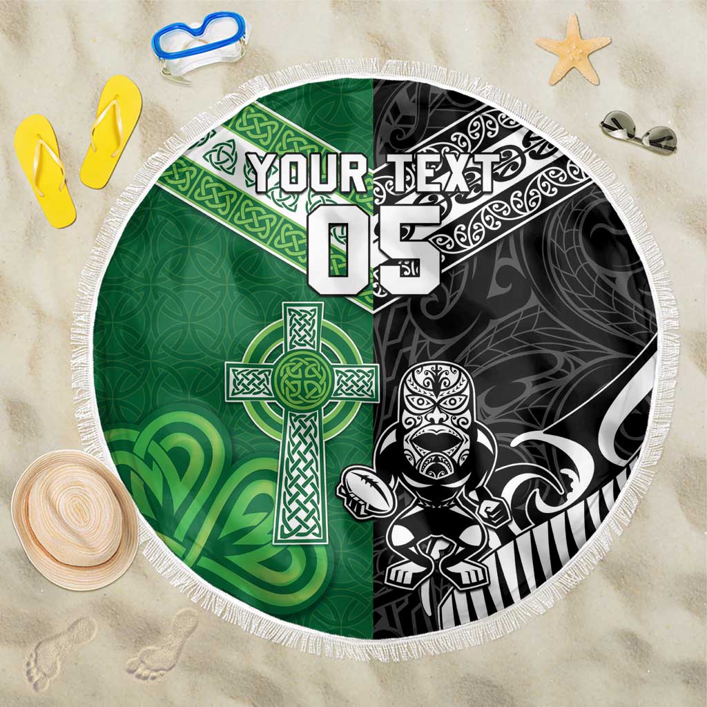 New Zealand And Ireland Rugby Custom Beach Blanket Maori Tiki With Shamrock