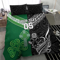 New Zealand And Ireland Rugby Custom Bedding Set Maori Tiki With Shamrock