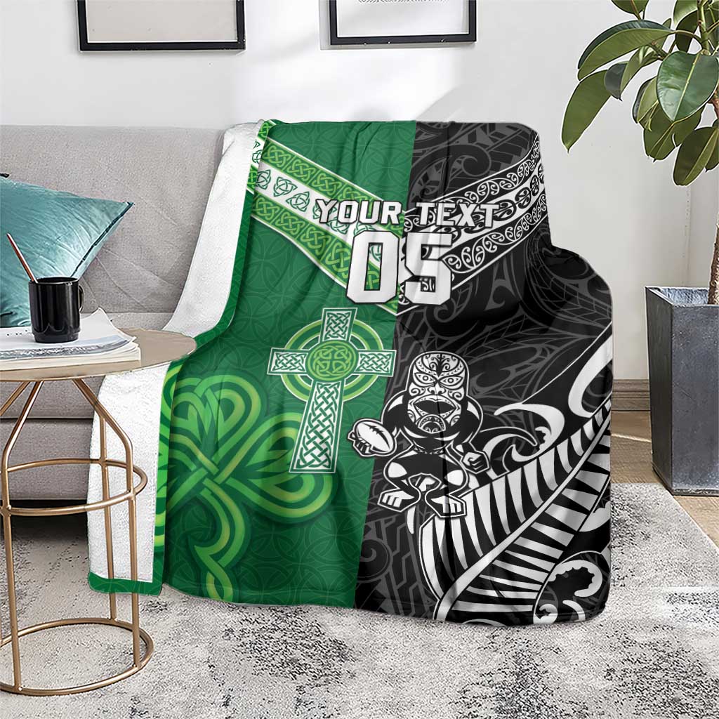 New Zealand And Ireland Rugby Custom Blanket Maori Tiki With Shamrock