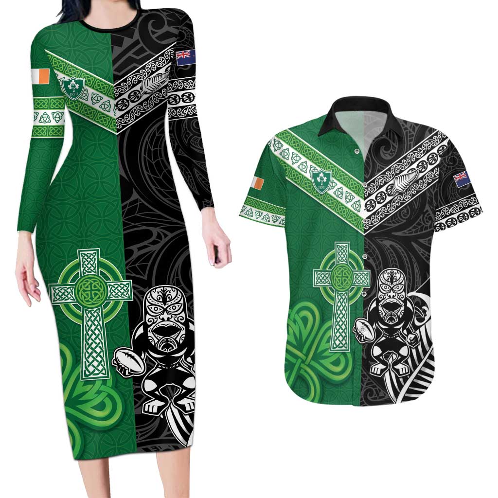 New Zealand And Ireland Rugby Custom Couples Matching Long Sleeve Bodycon Dress and Hawaiian Shirt Maori Tiki With Shamrock