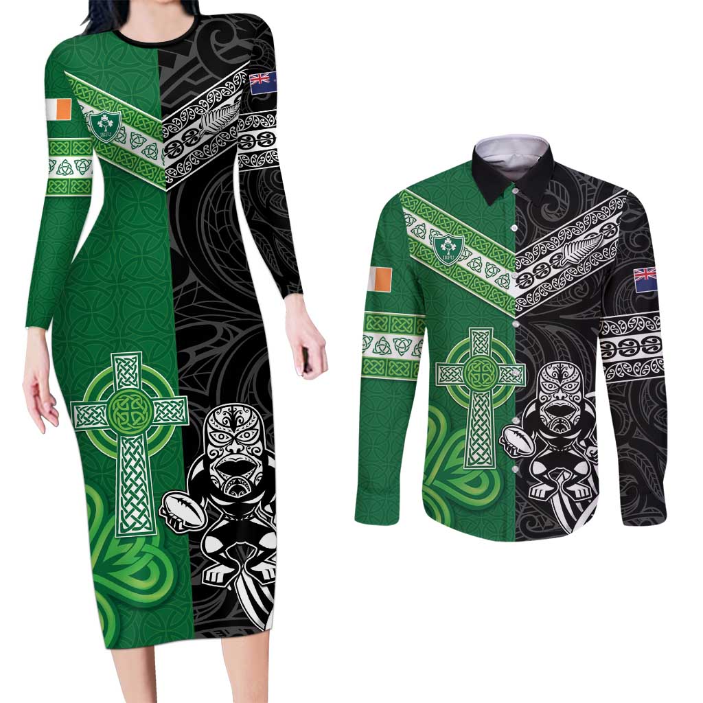New Zealand And Ireland Rugby Custom Couples Matching Long Sleeve Bodycon Dress and Long Sleeve Button Shirt Maori Tiki With Shamrock