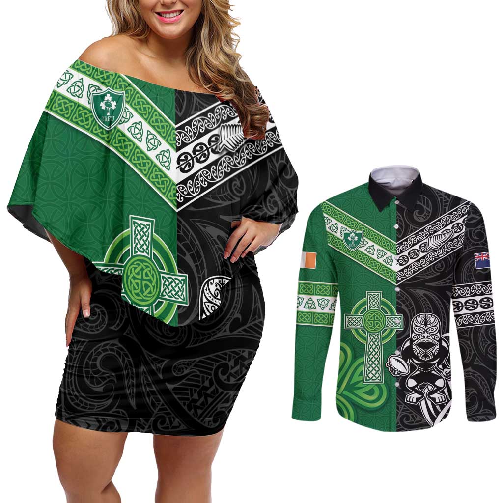 New Zealand And Ireland Rugby Custom Couples Matching Off Shoulder Short Dress and Long Sleeve Button Shirt Maori Tiki With Shamrock