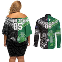 New Zealand And Ireland Rugby Custom Couples Matching Off Shoulder Short Dress and Long Sleeve Button Shirt Maori Tiki With Shamrock