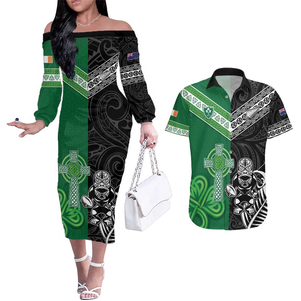 New Zealand And Ireland Rugby Custom Couples Matching Off The Shoulder Long Sleeve Dress and Hawaiian Shirt Maori Tiki With Shamrock