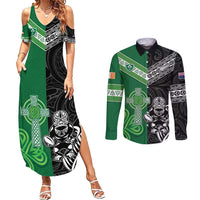 New Zealand And Ireland Rugby Custom Couples Matching Summer Maxi Dress and Long Sleeve Button Shirt Maori Tiki With Shamrock