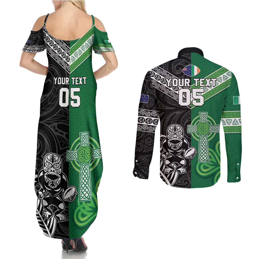 New Zealand And Ireland Rugby Custom Couples Matching Summer Maxi Dress and Long Sleeve Button Shirt Maori Tiki With Shamrock