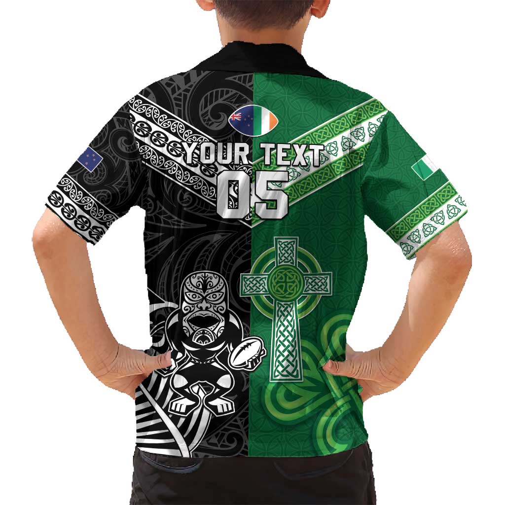 New Zealand And Ireland Rugby Custom Family Matching Off Shoulder Short Dress and Hawaiian Shirt Maori Tiki With Shamrock
