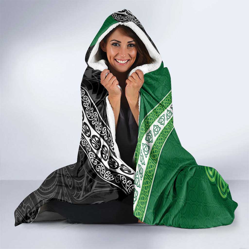 New Zealand And Ireland Rugby Custom Hooded Blanket Maori Tiki With Shamrock
