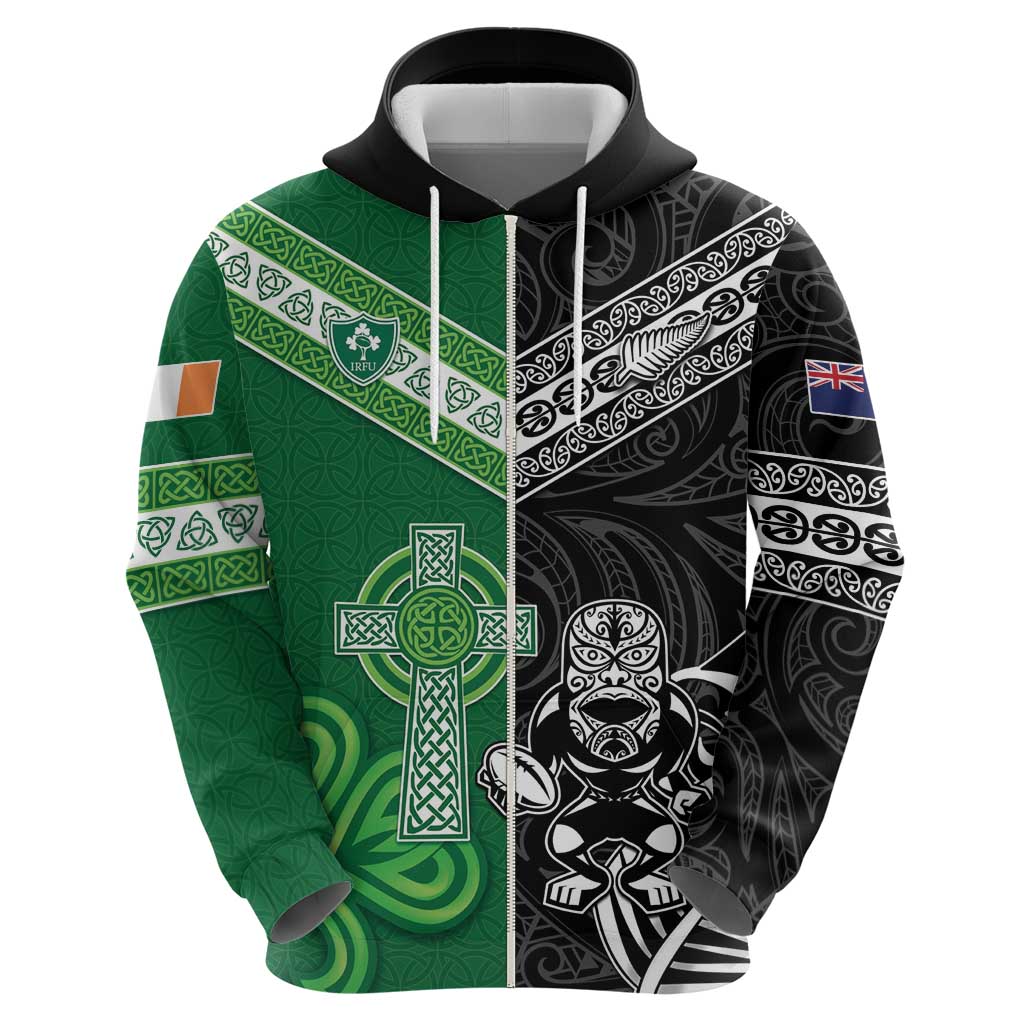 New Zealand And Ireland Rugby Custom Hoodie Maori Tiki With Shamrock