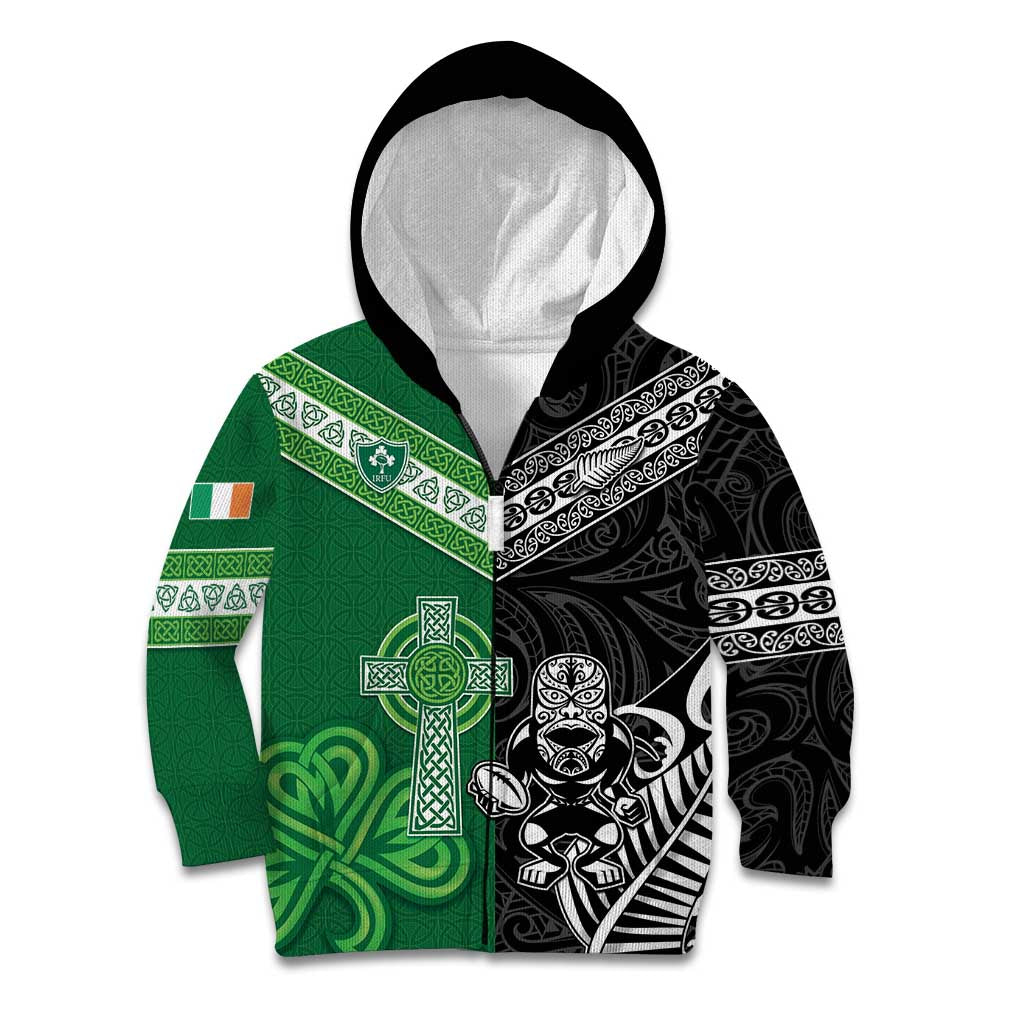 New Zealand And Ireland Rugby Custom Kid Hoodie Maori Tiki With Shamrock
