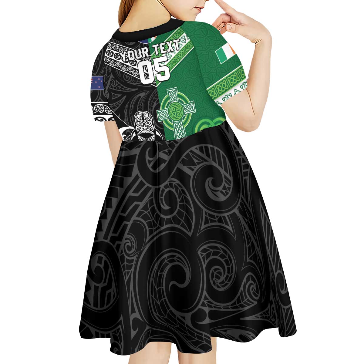 New Zealand And Ireland Rugby Custom Kid Short Sleeve Dress Maori Tiki With Shamrock