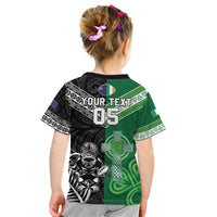 New Zealand And Ireland Rugby Custom Kid T Shirt Maori Tiki With Shamrock