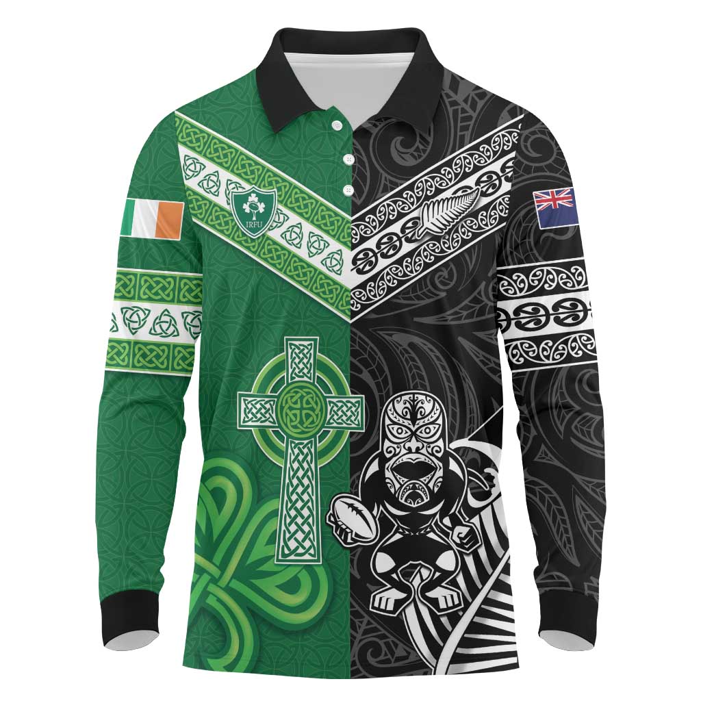 New Zealand And Ireland Rugby Custom Long Sleeve Polo Shirt Maori Tiki With Shamrock
