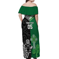 New Zealand And Ireland Rugby Custom Off Shoulder Maxi Dress Maori Tiki With Shamrock