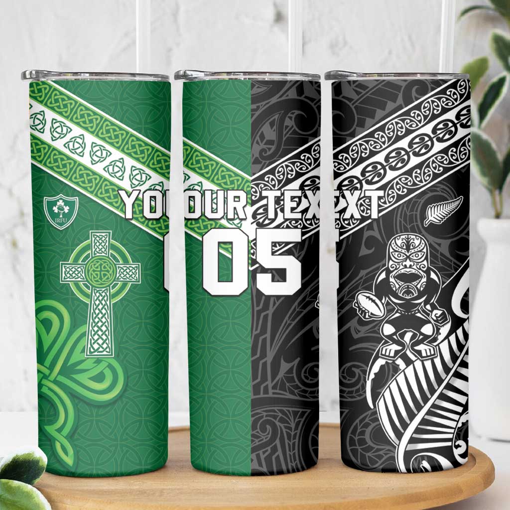 New Zealand And Ireland Rugby Custom Skinny Tumbler Maori Tiki With Shamrock LT05 - Polynesian Pride