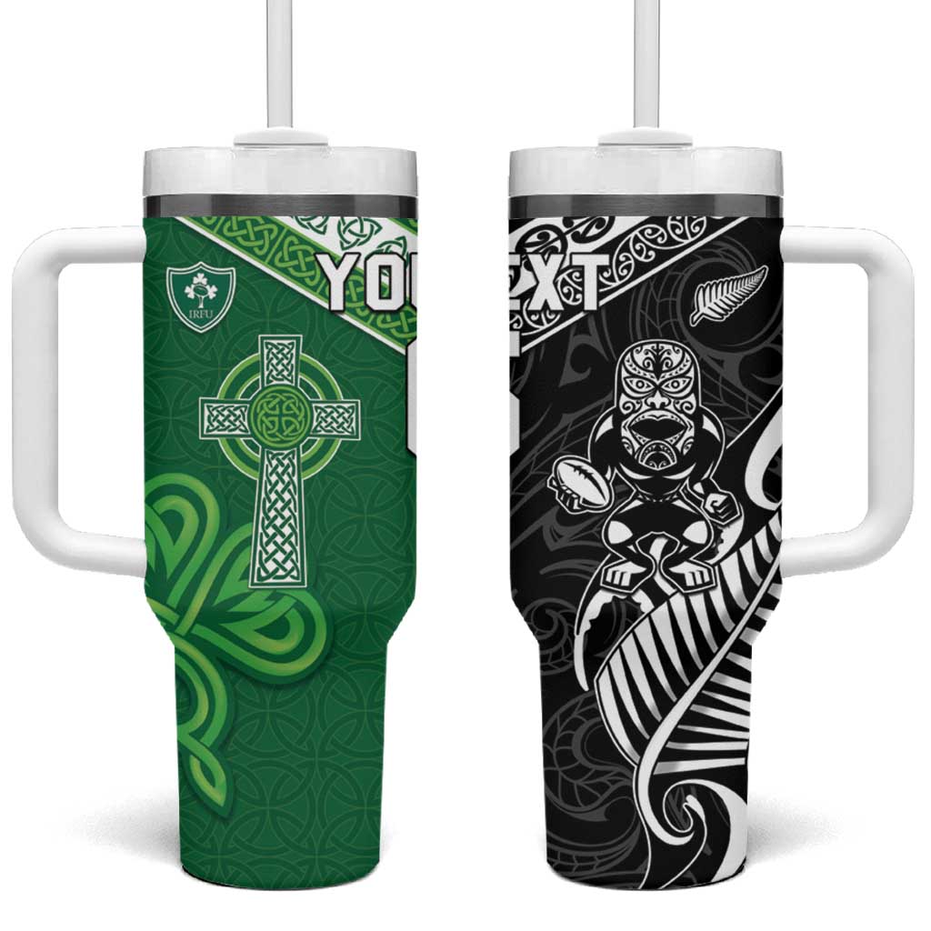New Zealand And Ireland Rugby Custom Tumbler With Handle Maori Tiki With Shamrock LT05 One Size: 40 oz Black - Polynesian Pride