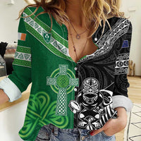 New Zealand And Ireland Rugby Custom Women Casual Shirt Maori Tiki With Shamrock LT05 Female Black - Polynesian Pride