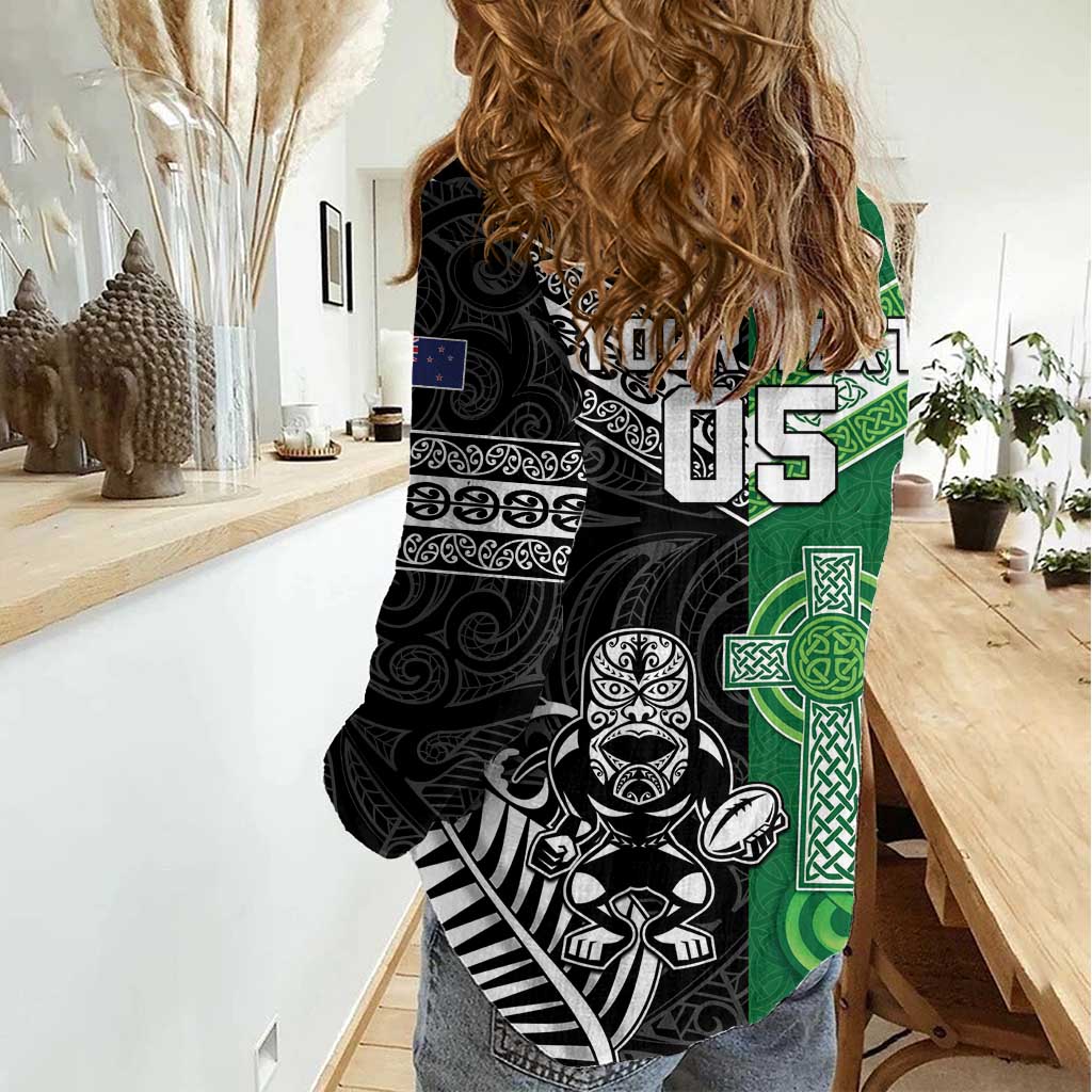 New Zealand And Ireland Rugby Custom Women Casual Shirt Maori Tiki With Shamrock LT05 - Polynesian Pride