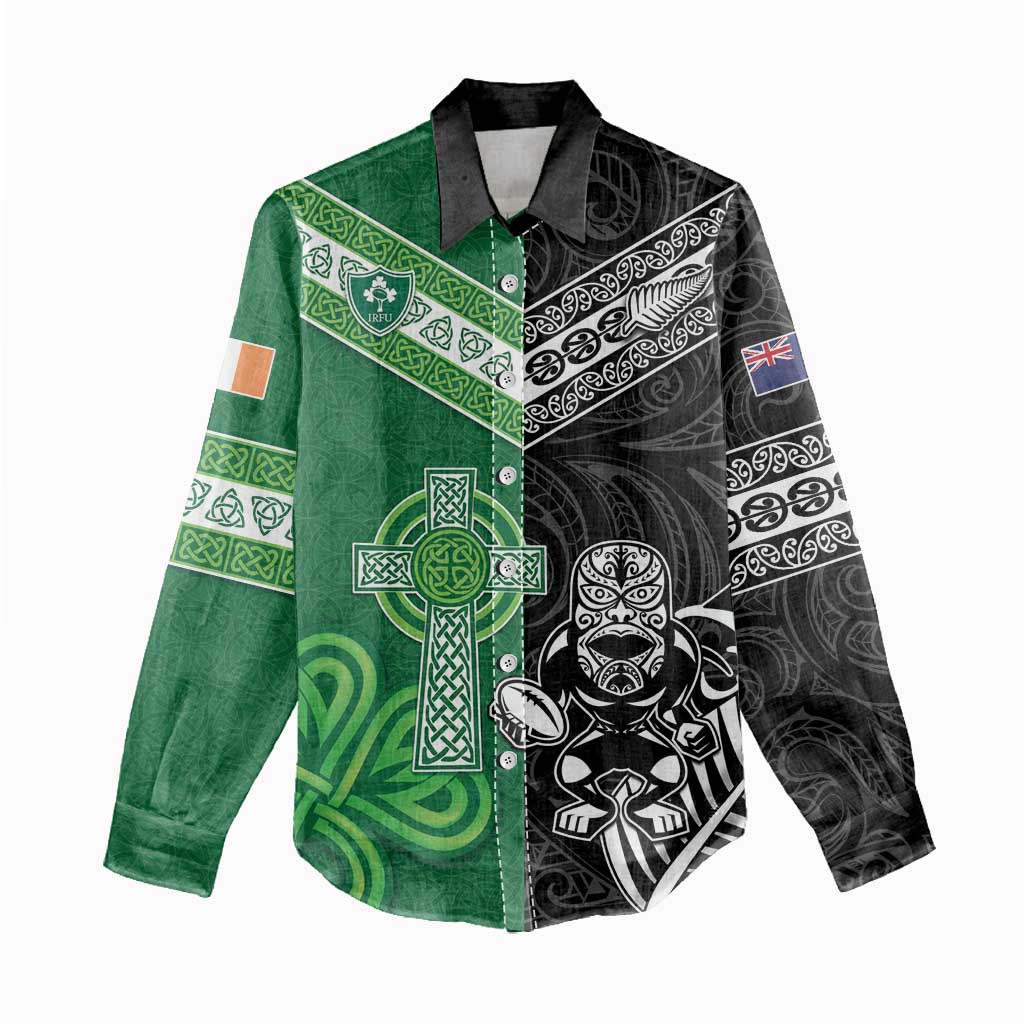 New Zealand And Ireland Rugby Custom Women Casual Shirt Maori Tiki With Shamrock LT05 - Polynesian Pride