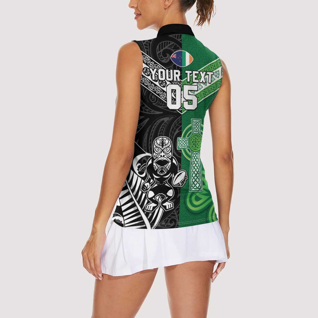 New Zealand And Ireland Rugby Custom Women Sleeveless Polo Shirt Maori Tiki With Shamrock