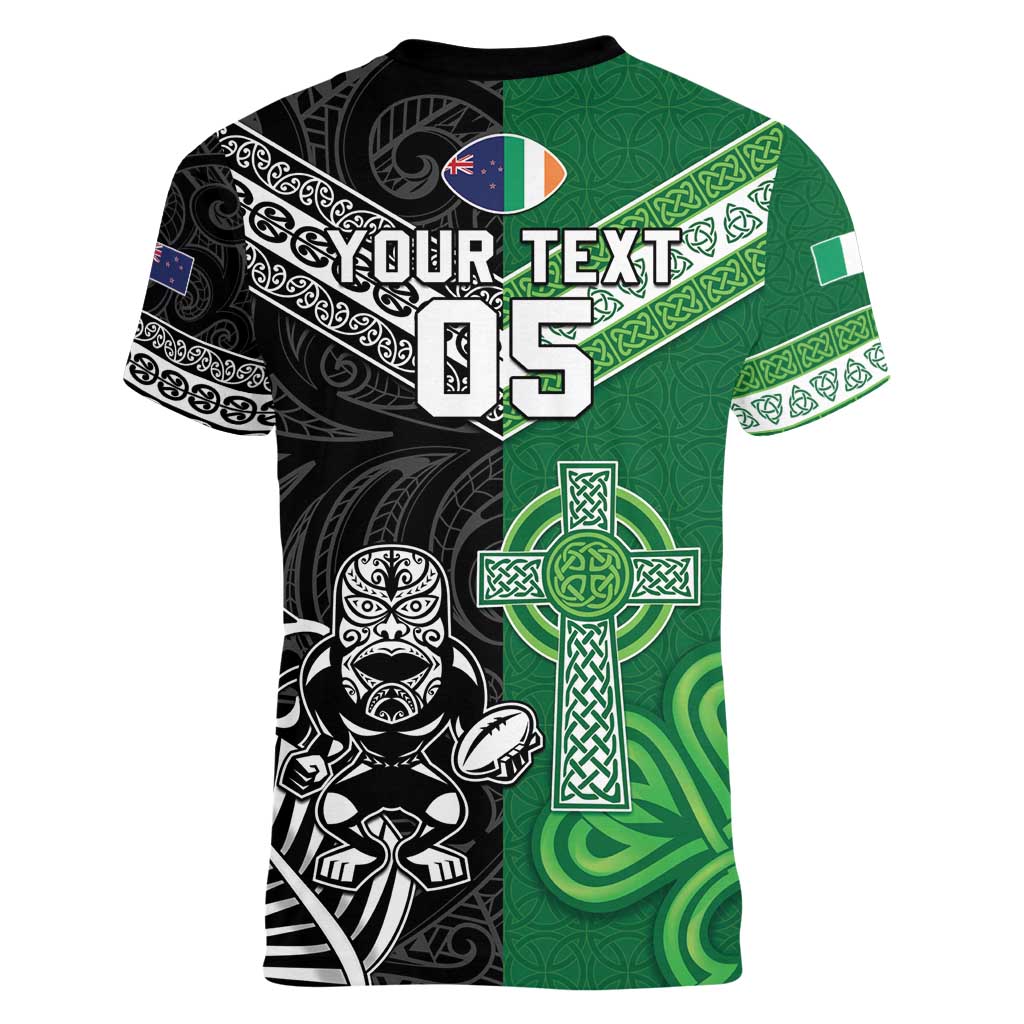 New Zealand And Ireland Rugby Custom Women V-Neck T-Shirt Maori Tiki With Shamrock LT05 - Polynesian Pride