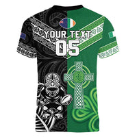 New Zealand And Ireland Rugby Custom Women V-Neck T-Shirt Maori Tiki With Shamrock LT05 - Polynesian Pride