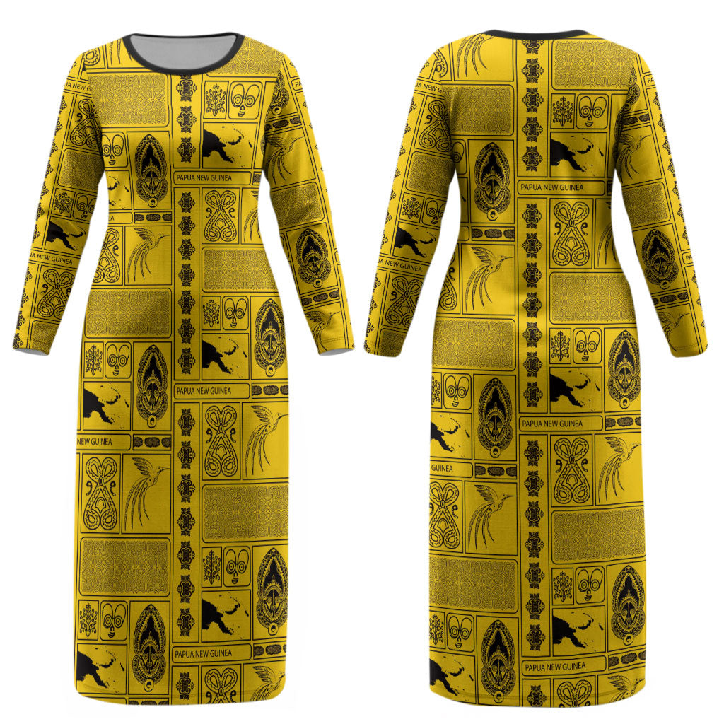 Papua New Guinea Heritage Motif Couples Matching Long Sleeve Bodycon Dress and Long Sleeve Button Shirt Yellow Version LT05 - Polynesian Pride