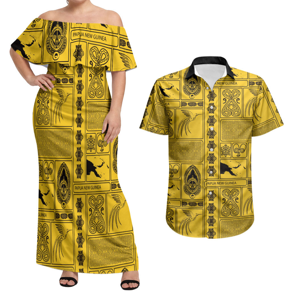Papua New Guinea Heritage Motif Couples Matching Off Shoulder Maxi Dress and Hawaiian Shirt Yellow Version