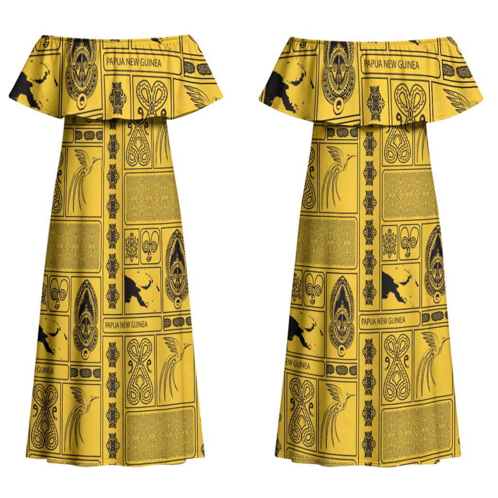 Papua New Guinea Heritage Motif Couples Matching Off Shoulder Maxi Dress and Long Sleeve Button Shirt Yellow Version LT05 - Polynesian Pride
