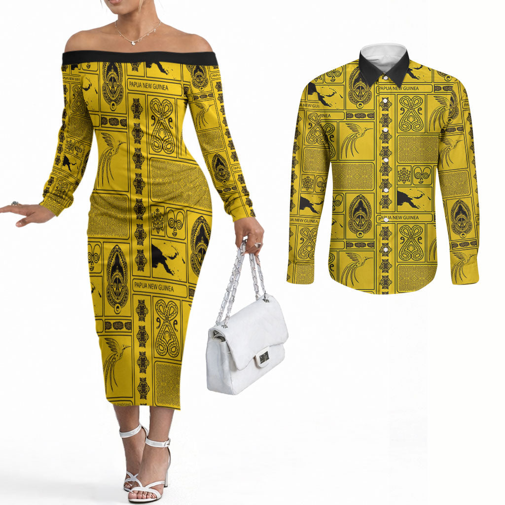 Papua New Guinea Heritage Motif Couples Matching Off The Shoulder Long Sleeve Dress and Long Sleeve Button Shirt Yellow Version