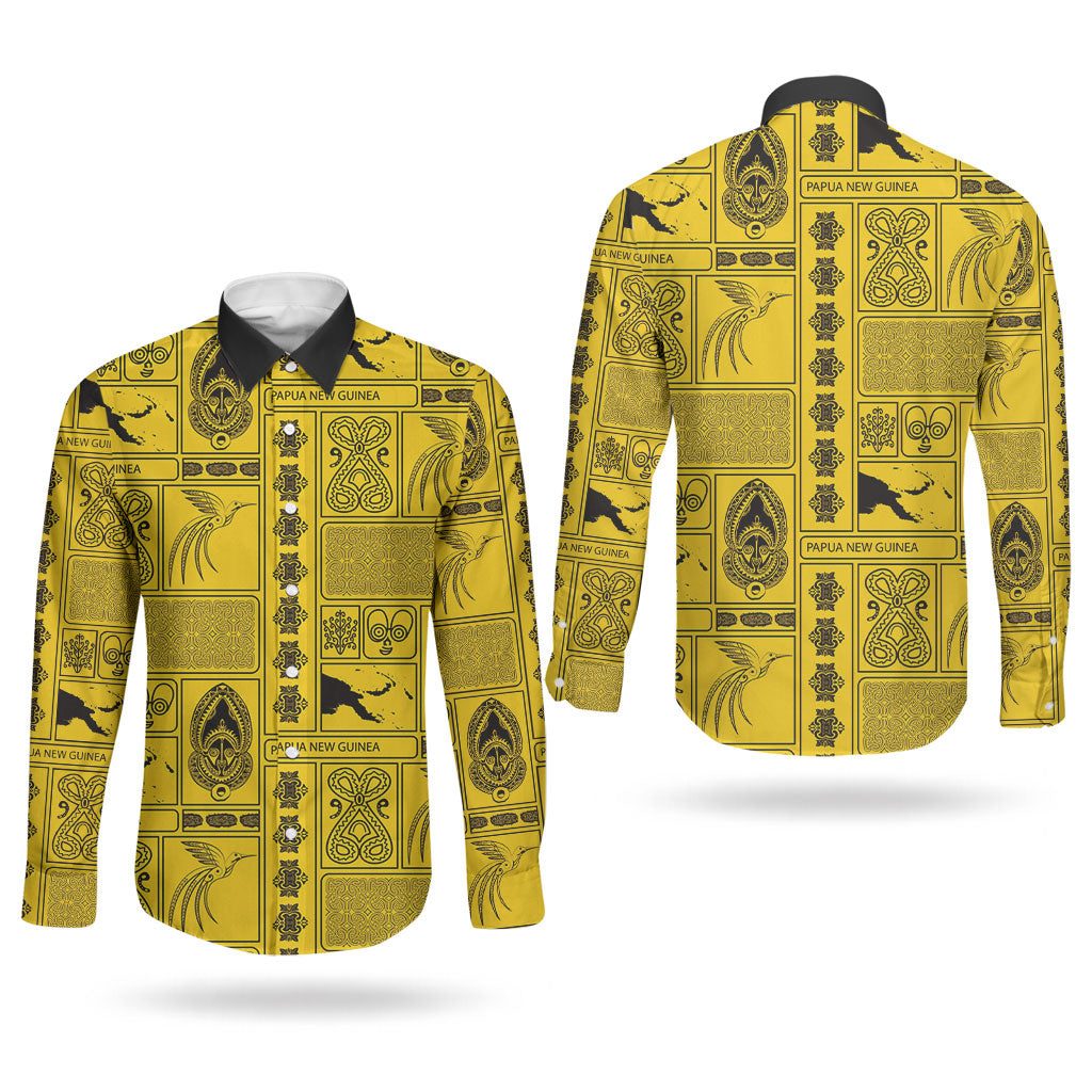Papua New Guinea Heritage Motif Couples Matching Summer Maxi Dress and Long Sleeve Button Shirt Yellow Version LT05 - Polynesian Pride