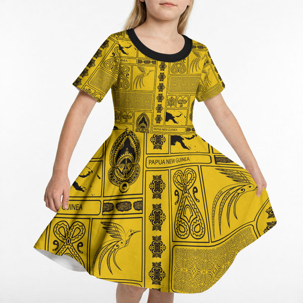 Papua New Guinea Heritage Motif Kid Short Sleeve Dress Yellow Version LT05 - Polynesian Pride