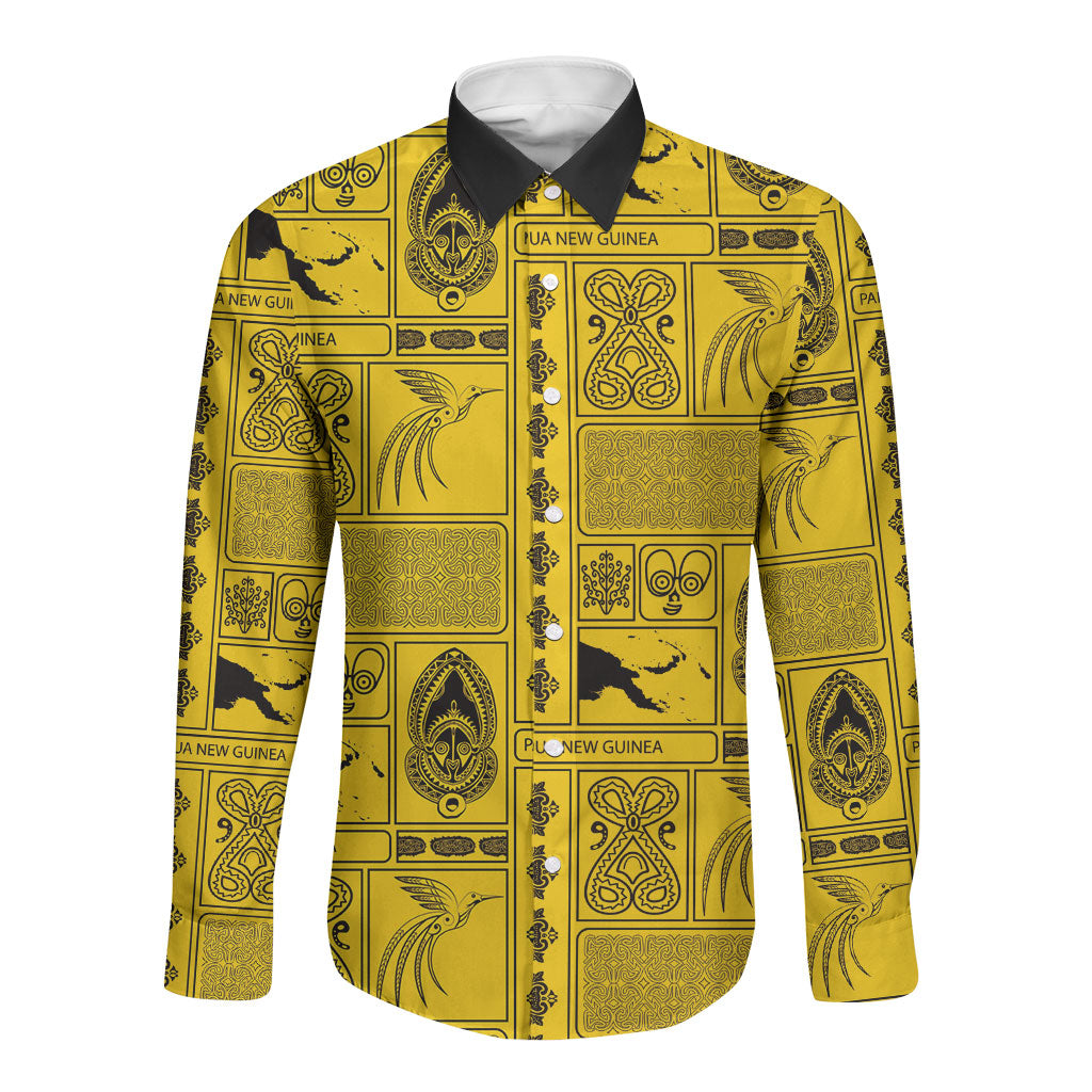 Papua New Guinea Heritage Motif Long Sleeve Button Shirt Yellow Version