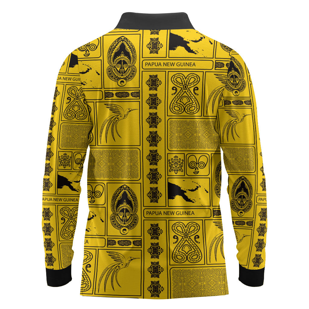 Papua New Guinea Heritage Motif Long Sleeve Polo Shirt Yellow Version LT05 - Polynesian Pride