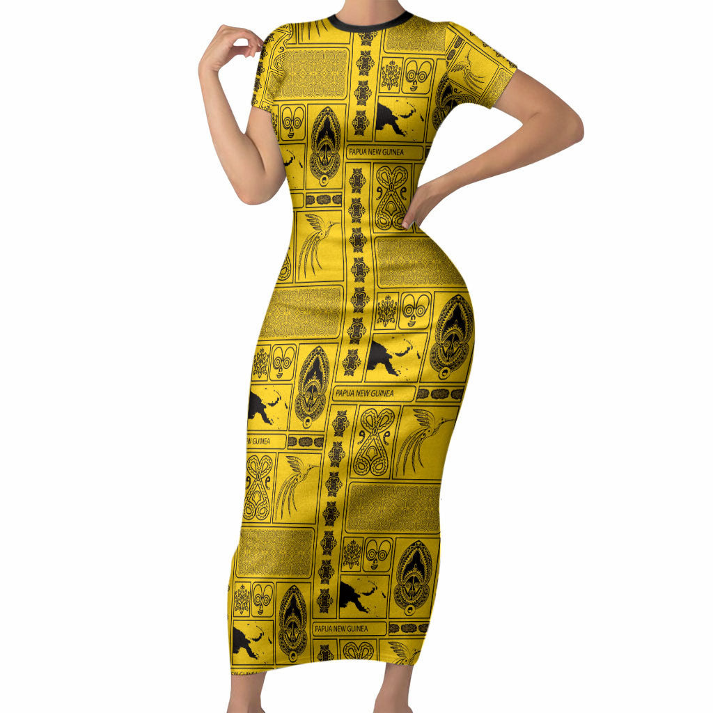 Papua New Guinea Heritage Motif Short Sleeve Bodycon Dress Yellow Version