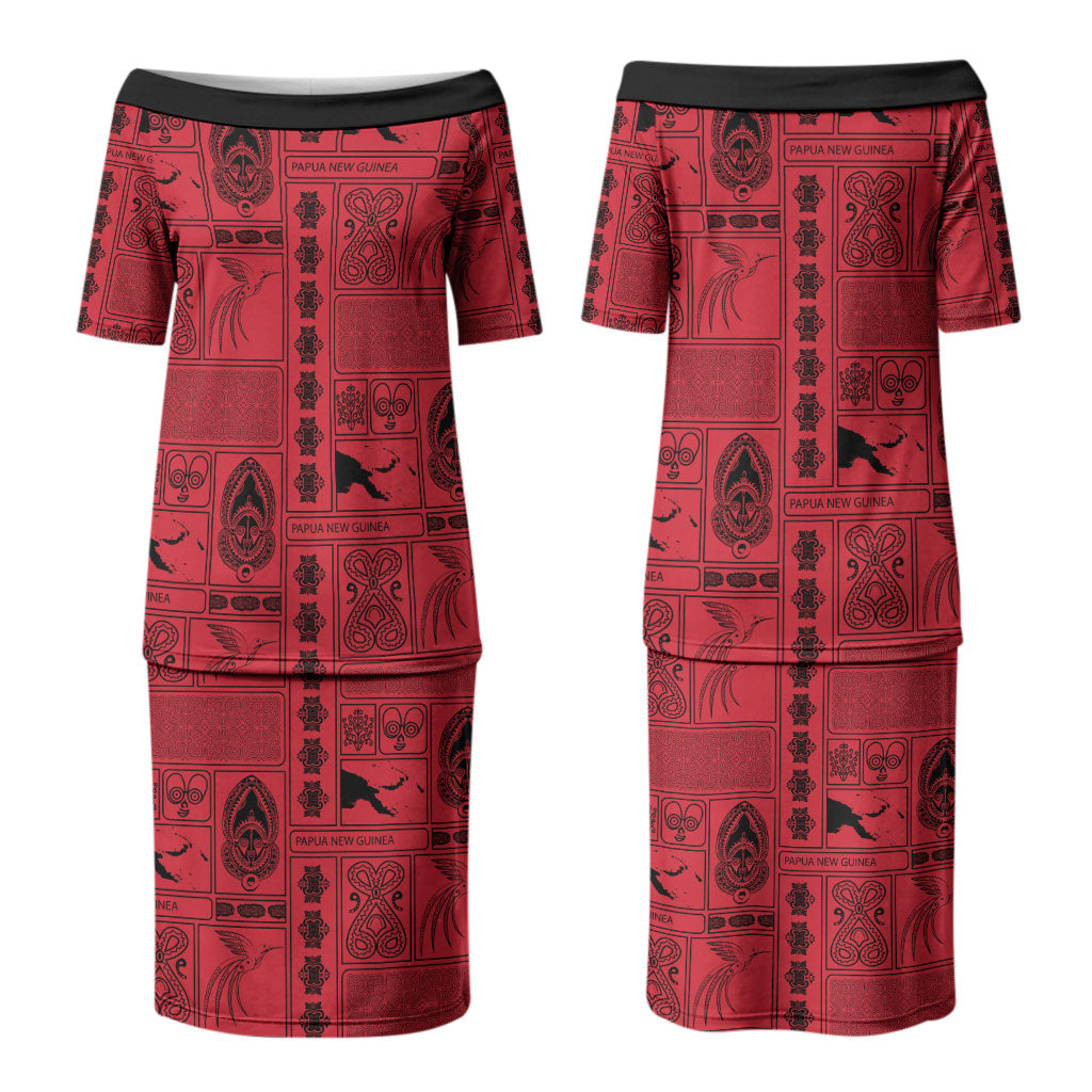 Papua New Guinea Heritage Motif Couples Matching Puletasi and Long Sleeve Button Shirt Red Version LT05 - Polynesian Pride