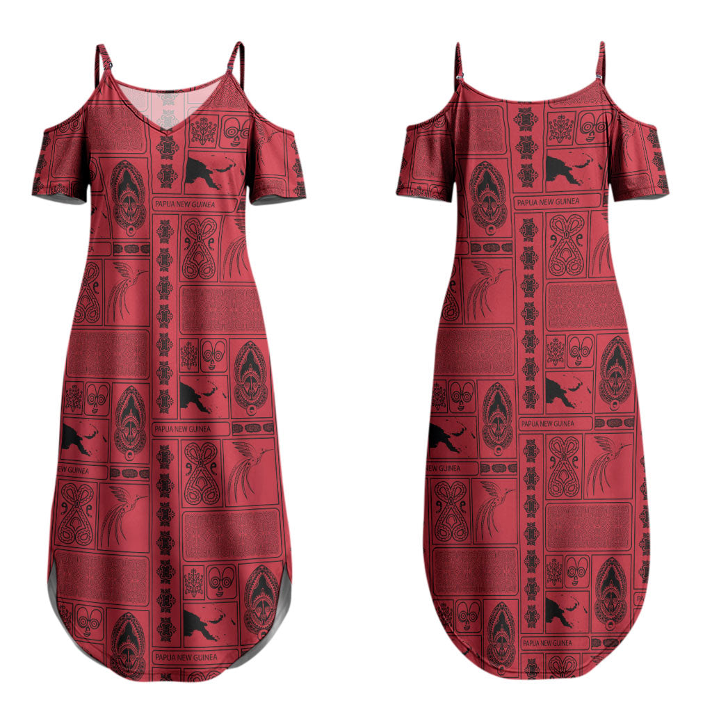 Papua New Guinea Heritage Motif Couples Matching Summer Maxi Dress and Hawaiian Shirt Red Version LT05 - Polynesian Pride