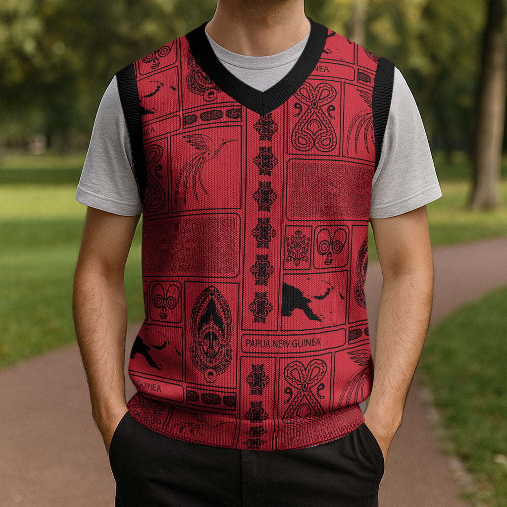 Papua New Guinea Heritage Motif Christmas Knitted V-Neck Vest Red Version