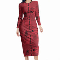 Papua New Guinea Heritage Motif Long Sleeve Bodycon Dress Red Version LT05 Long Dress Red - Polynesian Pride