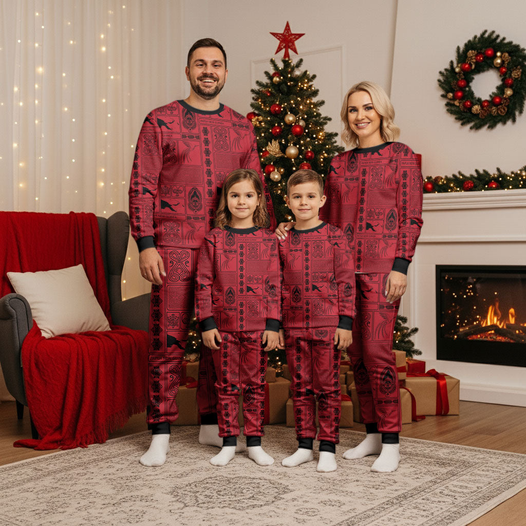 Papua New Guinea Heritage Motif Christmas Pajama Set Red Version