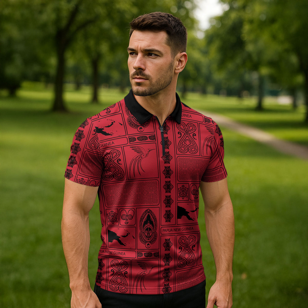 Papua New Guinea Heritage Motif Zipper Polo Shirt Red Version LT05 - Polynesian Pride