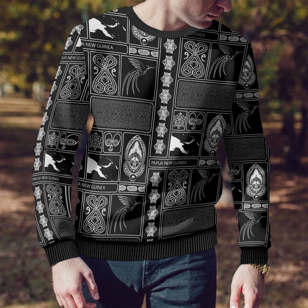Papua New Guinea Heritage Motif Ugly Christmas Sweater Black Version LT05 - Polynesian Pride