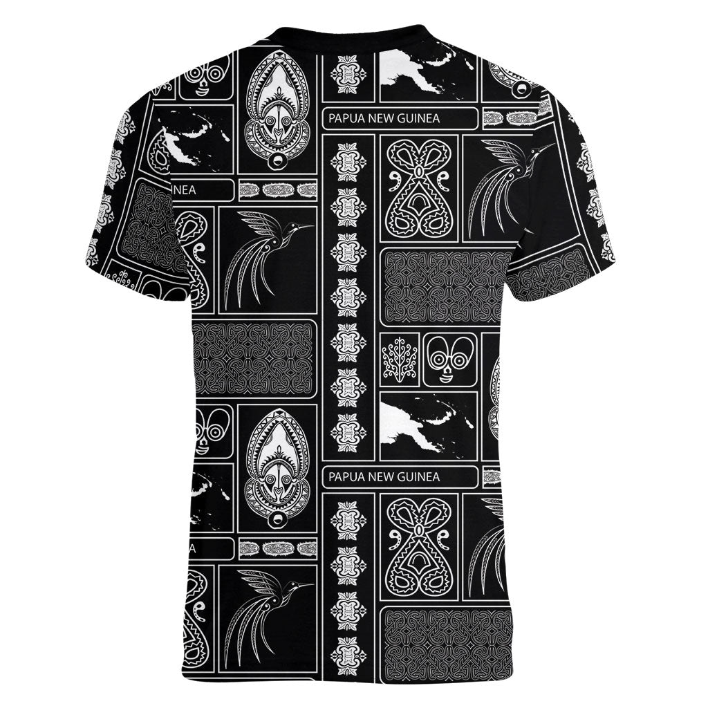 Papua New Guinea Heritage Motif Women V-Neck T-Shirt Black Version LT05 - Polynesian Pride