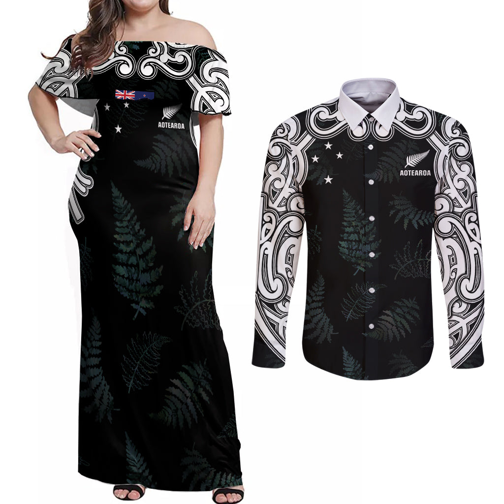 Custom New Zealand Fern Women Rugby Couples Matching Off Shoulder Maxi Dress and Long Sleeve Button Shirt Maori Pattern