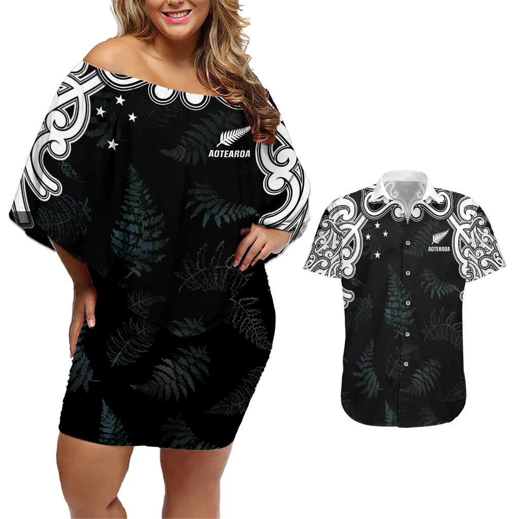 Custom New Zealand Fern Women Rugby Couples Matching Off Shoulder Short Dress and Hawaiian Shirt Maori Pattern