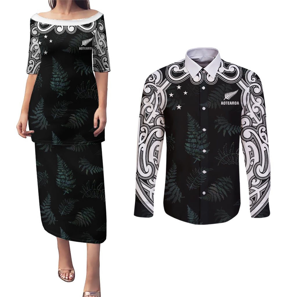 Custom New Zealand Fern Women Rugby Couples Matching Puletasi and Long Sleeve Button Shirt Maori Pattern LT05 Black - Polynesian Pride